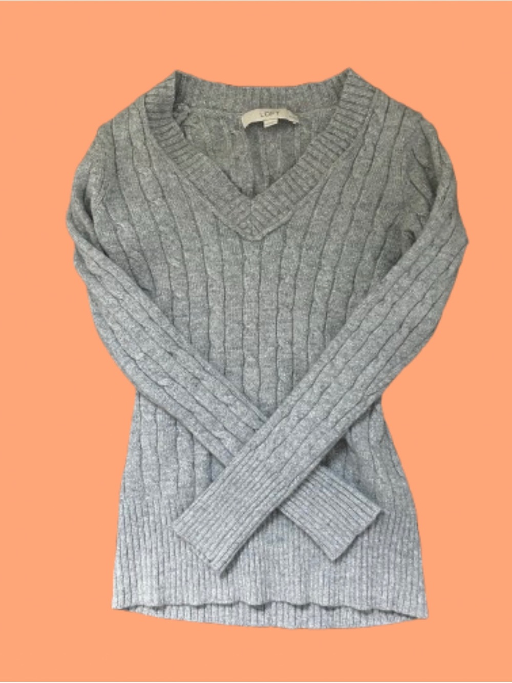 LOFT Light Gray Sparkly Ribbed V-Neck Sweater